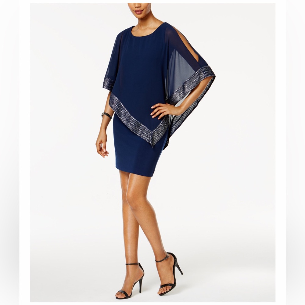 Metallic-Trim Capelet Sheath Dress